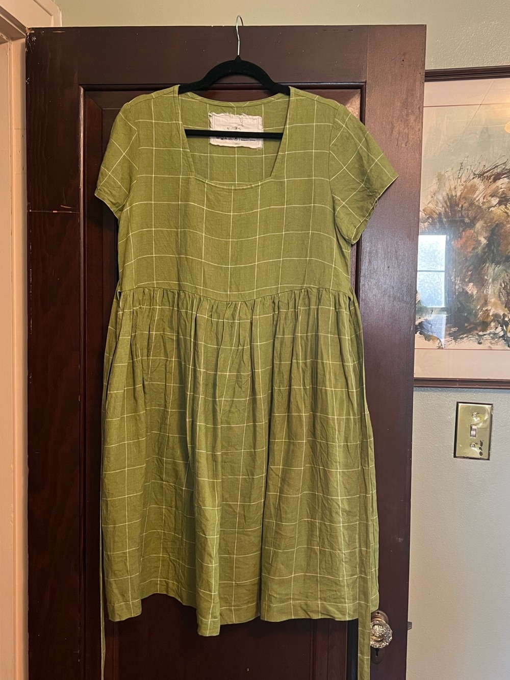 Not Perfect Linen Modified Midi Emilie dress in Avocado checks, size M
